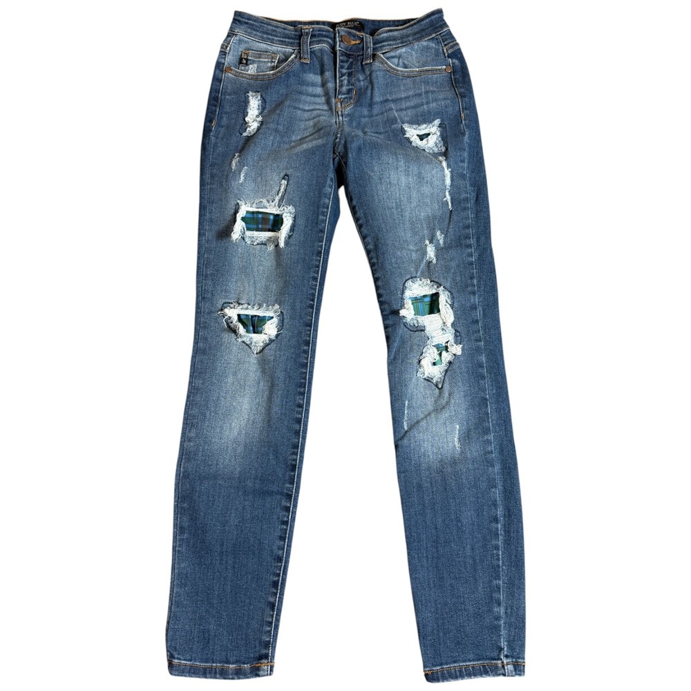 Judy Blue Skinny Fit Stretch 5/27 Jeans Distressed Denim Flannel Patch 27x28 Y2K